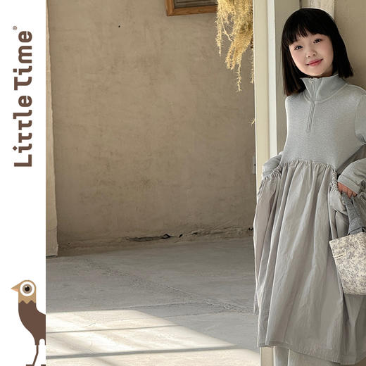 Littletime女童连衣裙2025春秋季新款儿童假两件立领针织气质长裙 商品图4