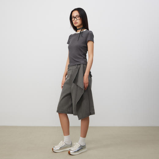 lost in echo2025春夏新款时髦不对称宽松A形牛仔活片中筒裤 商品图2