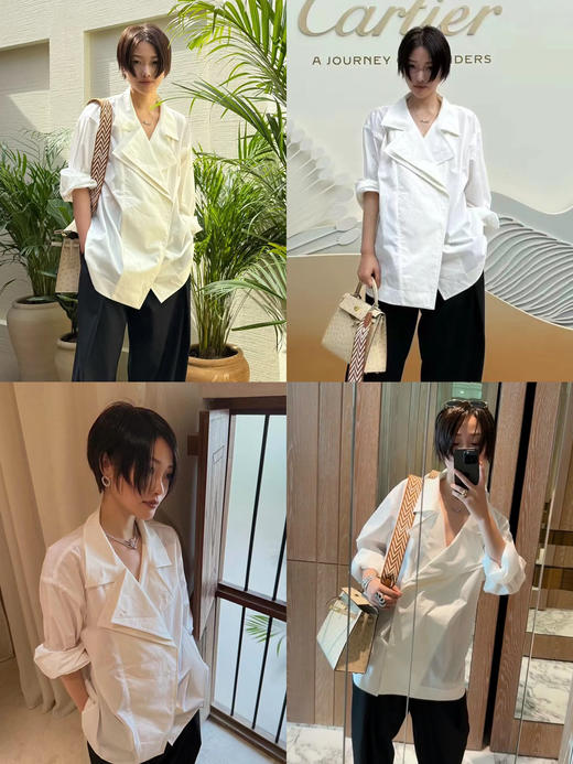 HIDEMI【当当同款】甄选长绒棉不易皱白色极简设计感不对称大翻领外套式衬衫 商品图1