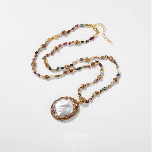 雀说 天然碧玺石淡水巴洛克珍珠项链女秋冬长毛衣链百搭高级感吊坠饰品5ZF-610 商品图2