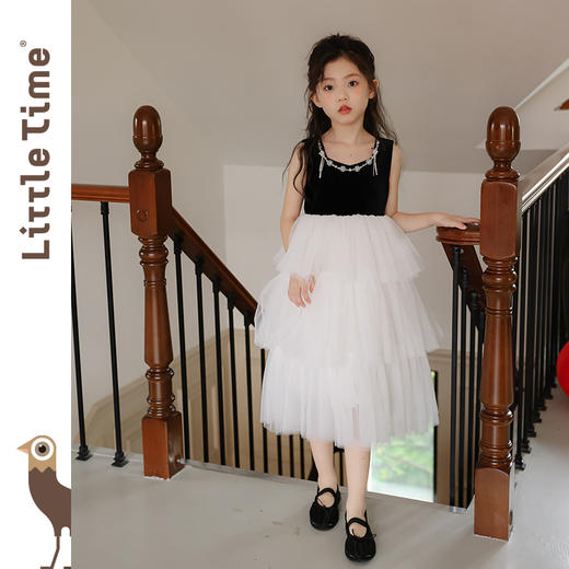Littletime女童黑色长拖尾礼服套装裙2025新款夏装女孩赫本魔术珠 商品图1