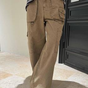 顺丰包邮洛诗琳20848美式高街复古驼色高腰工装阔腿牛仔裤8104