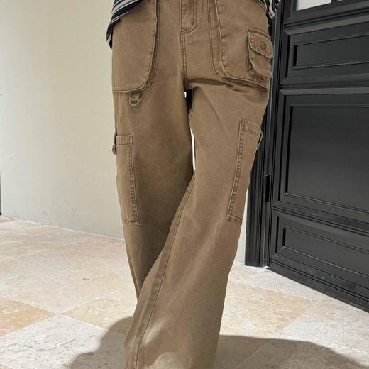 顺丰包邮洛诗琳20848美式高街复古驼色高腰工装阔腿牛仔裤8104 商品图0