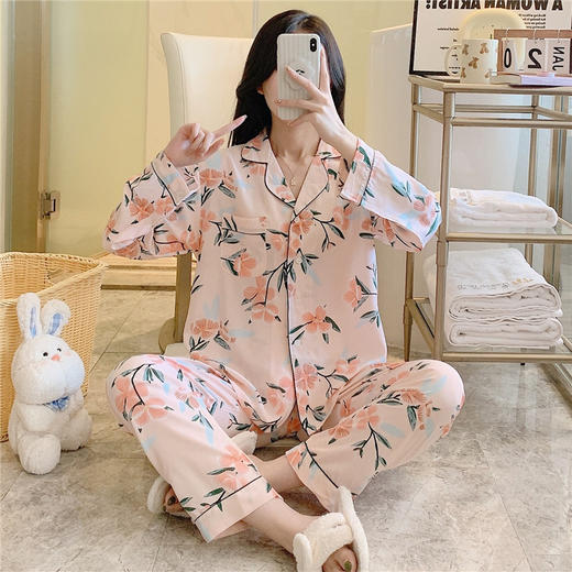 【时尚小翻领！潮流感UP】棉绸睡衣女春秋季新款长袖开衫网红套装直播款大码印花家居服。ry 商品图10