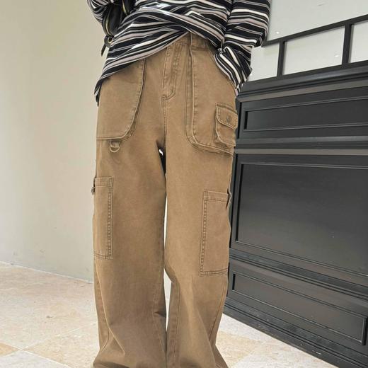 顺丰包邮洛诗琳20848美式高街复古驼色高腰工装阔腿牛仔裤8104 商品图4