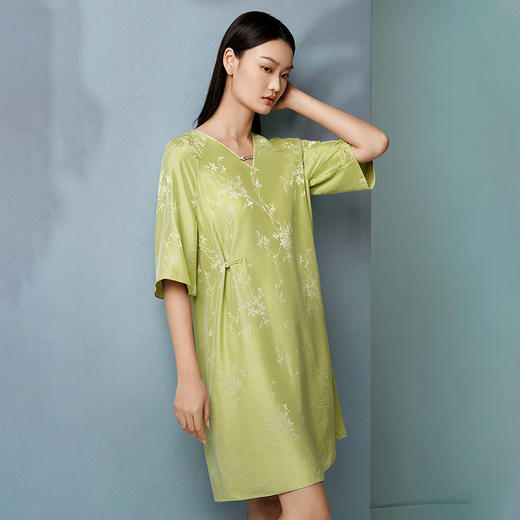 【绿绮花韵】新中式重磅桑蚕丝双色提花睡裙女中式优雅家居服金三塔  YSFFA304 商品图1