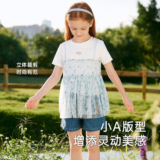 英氏儿童T恤夏季网纱透气女童T恤中大童基础款百搭短袖假两件新款 商品图3