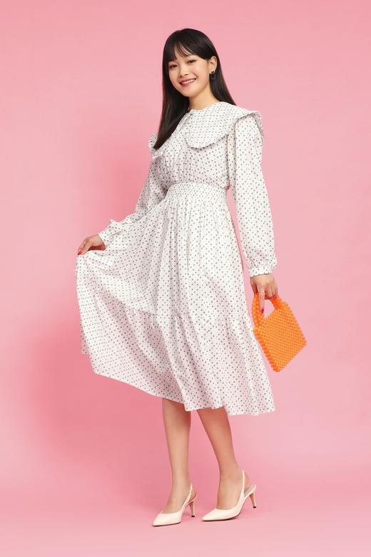 L.Fleuri 娃娃领黑白碎花收腰连衣裙 11756 商品图0