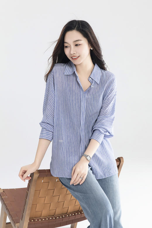 （老板自留）经典蓝白条纹m家真丝衬衫YT2012 商品图8