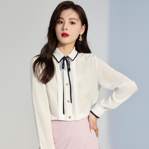 丁摩 真丝衬衫女春夏蝴蝶系带OL气质长袖18姆米双绉100%桑蚕丝上衣5ZF-194 商品图5