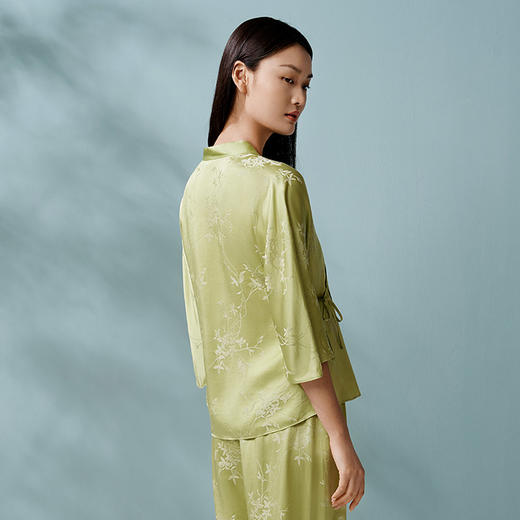 【绿绮花韵】新中式斜襟真丝睡衣女重磅桑蚕丝提花家居服衣裤套金三塔  YSFFA203 商品图3