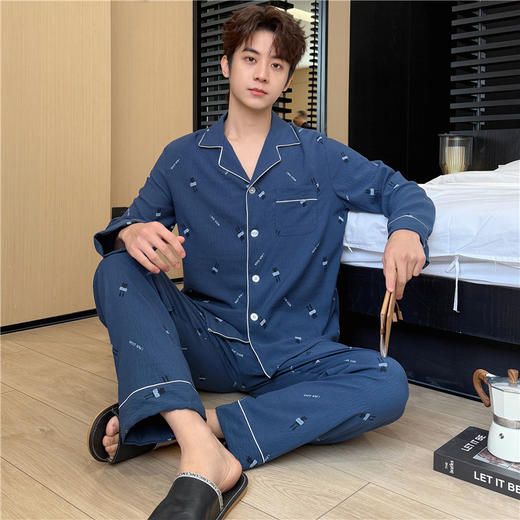 【舒适柔软！慵懒居家】新款春秋季男士长袖翻领睡衣开衫云朵棉夏季家居服加大码休闲套装。ry 商品图2
