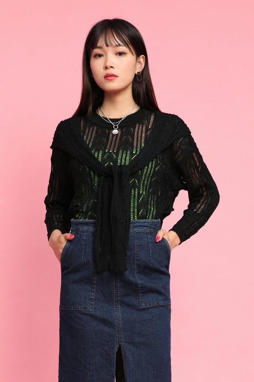 LNNNS 黑色镂空披肩领针织上衣 11716 商品图0