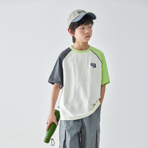 蓝汽水25年春季撞色插肩短袖男童速干凉感UPF50+防晒抗菌拼接T恤 商品图2