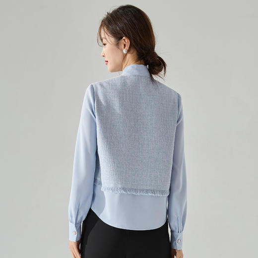 丁摩 高品质春季法式V领小香风长袖衬衫拼接假两件通勤雪纺飘带女上衣5ZF-15571 商品图3