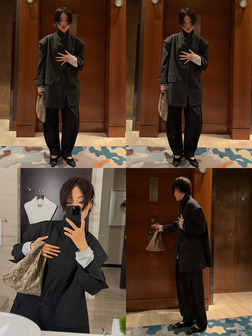 HIDEMI 银线细条纹极简大廓形垫肩大宽肩男朋友卷边西装 商品图1