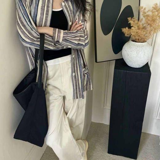 顺丰包邮洛诗琳21652慵懒风宽松复古蓝白条纹亚麻衬衫男女同款576 商品图0
