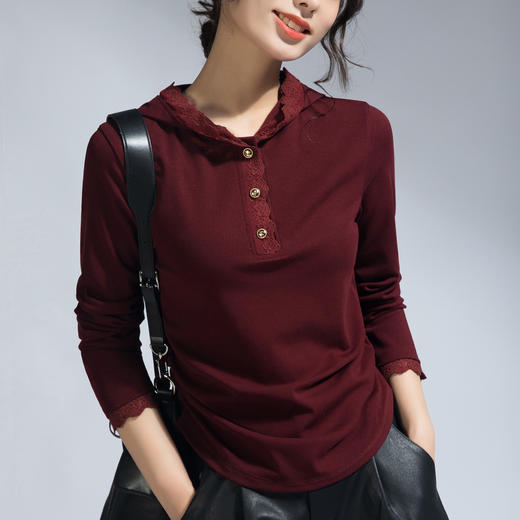 丁摩 春秋季长袖休闲设计感小众黑色气质蕾丝边连帽t恤女士上衣女5ZF-21701 商品图6
