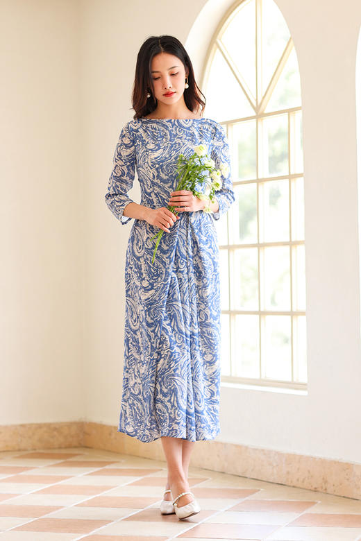 逸红颜明月优选 # 清爽佩利斯连衣裙【问月】极简一字领，搭配腰间珍珠系带，温润细腻 商品图8