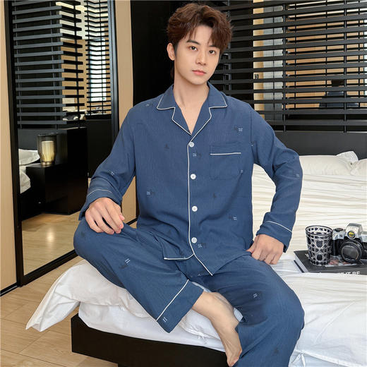 【舒适柔软！慵懒居家】新款春秋季男士长袖翻领睡衣开衫云朵棉夏季家居服加大码休闲套装。ry 商品图6
