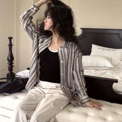 顺丰包邮洛诗琳21652慵懒风宽松复古蓝白条纹亚麻衬衫男女同款576 商品图2