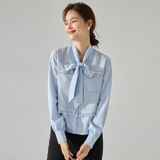 丁摩 高品质春季法式V领小香风长袖衬衫拼接假两件通勤雪纺飘带女上衣5ZF-15571 商品图2