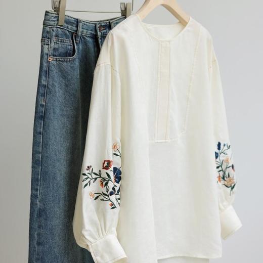 【72h发货】高品质复古刺绣灯笼袖苎麻衬衫 商品图1