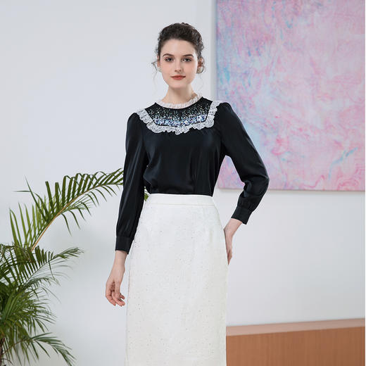 司歌弹力缎面拼接蕾丝长袖上衣女T901175X 商品图1