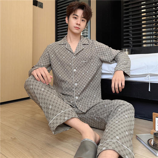 【舒适柔软！慵懒居家】新款春秋季男士长袖翻领睡衣开衫云朵棉夏季家居服加大码休闲套装。ry 商品图1