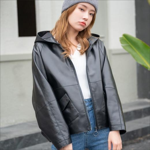 丁摩 连帽斗篷款真皮皮衣女休闲进口绵羊皮外套2201 商品图2