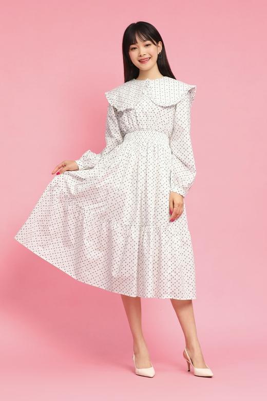 L.Fleuri 娃娃领黑白碎花收腰连衣裙 11756 商品图4
