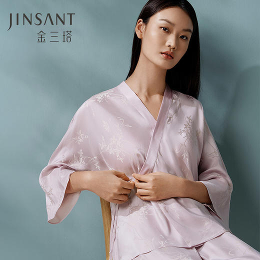 【绿绮花韵】新中式斜襟真丝睡衣女重磅桑蚕丝提花家居服衣裤套金三塔  YSFFA203 商品图0