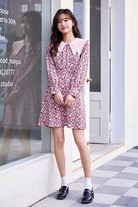 L.Fleuri 粉底印花收腰连衣裙 11764