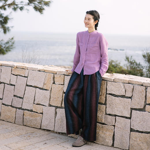 绽放旅行女装039朵/早春新款士林色织亚麻小衫立领文艺大口袋衬衫 商品图2