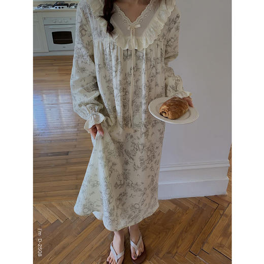 【柔软棉纱】2025春夏新款素雅小时光家居服女蕾丝棉纱裙慵懒无拘束长袖睡衣套装连衣裙 商品图1