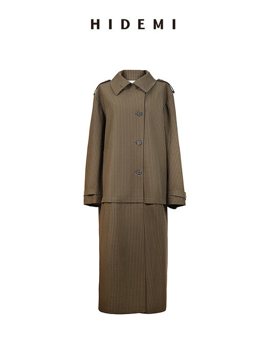 HIDEMI【孟子义同款】复古色织格纹廓形设计感可拆卸下摆长款风衣 商品图8