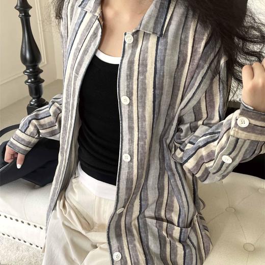 顺丰包邮洛诗琳21652慵懒风宽松复古蓝白条纹亚麻衬衫男女同款576 商品图4