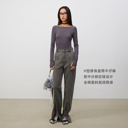 lost in echo2025春夏新款时尚裤腿拉链分割直筒休闲修身牛仔裤女 商品图1