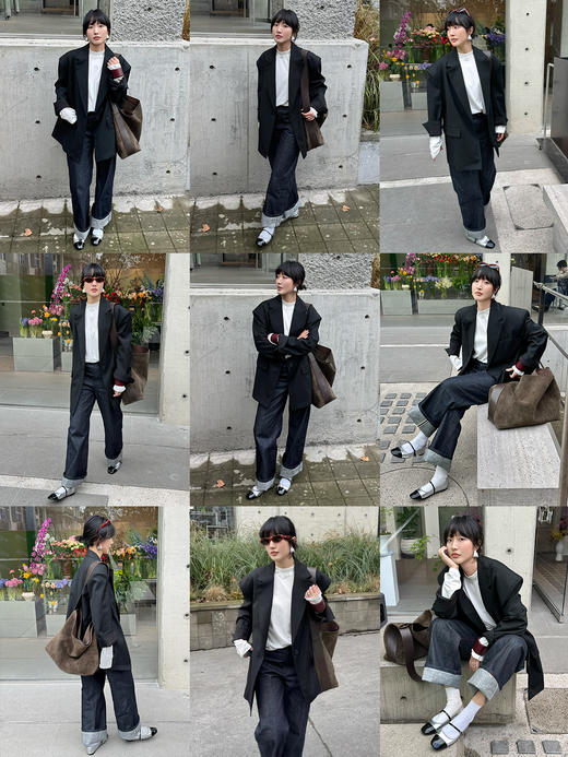 HIDEMI 银线细条纹极简大廓形垫肩大宽肩男朋友卷边西装 商品图2