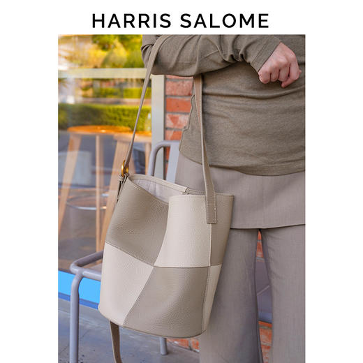 【大容量简约大气】HARRIS SALOME 头层牛皮拼色棋盘格水桶包9102 商品图4
