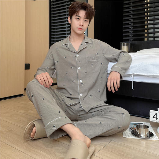 【舒适柔软！慵懒居家】新款春秋季男士长袖翻领睡衣开衫云朵棉夏季家居服加大码休闲套装。ry 商品图10