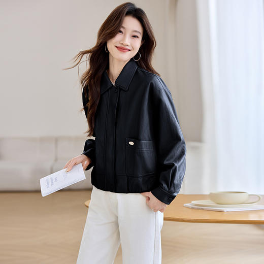 时尚百搭修身PU皮衣，短外套女小个子休闲夹克上衣HR-MJF5801 商品图3