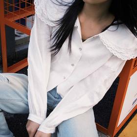 顺丰包邮洛诗琳14910春季新款法式亚麻设计感花边翻领上衣839