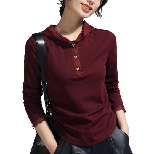 丁摩 春秋季长袖休闲设计感小众黑色气质蕾丝边连帽t恤女士上衣女5ZF-21701 商品图4