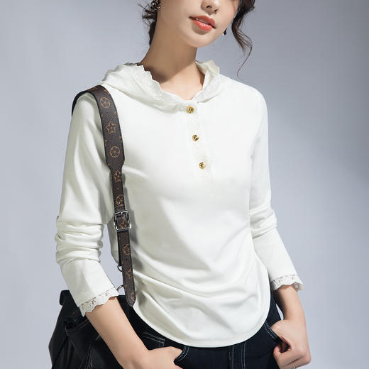 丁摩 春秋季长袖休闲设计感小众黑色气质蕾丝边连帽t恤女士上衣女5ZF-21701 商品图2