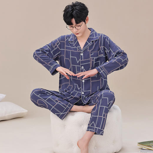 【春夏季男睡衣】人造棉男士睡衣春夏季新款长袖长裤套装棉绸家居服休闲开衫睡衣。ry 商品图10