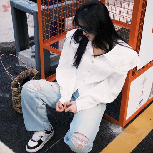 顺丰包邮洛诗琳14910春季新款法式亚麻设计感花边翻领上衣839 商品图3