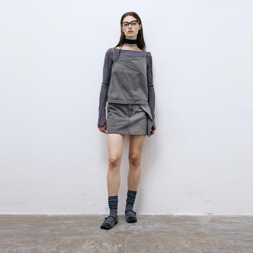 lost in echo2025春夏新款时尚灰色直身牛仔吊带背心A字短裙套装 商品图0