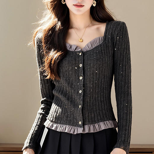 奢姿大码女装2025春季减龄木耳边设计时尚针织衫胖妹妹打底上衣9951153100 商品图3