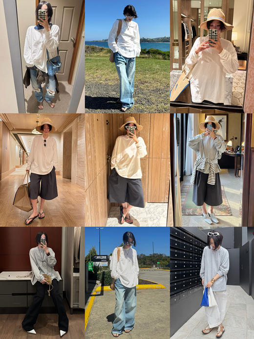 HIDEMI 【当当同款】极简圆领廓形落肩款oversize长袖基础款宽松t恤 奶油青柠绿/黑色/白色/浅灰 商品图1